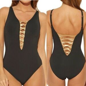 🌻NEW Bleu Rod Beattie Plunging Ladder Metallic Straps 1-Piece Black Swimsuit 12